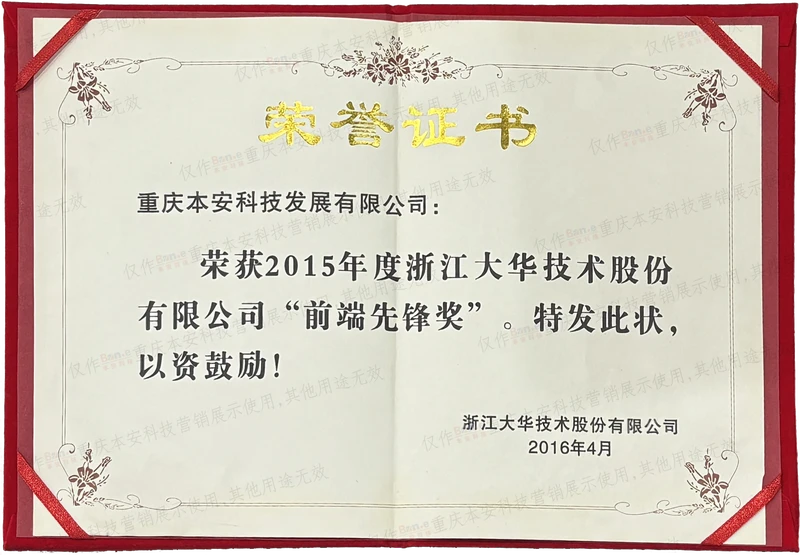 大华2015年前端先锋奖证书